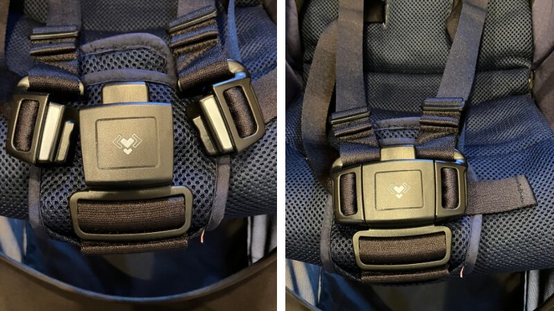 ベビーカーのマグネットバックルを外した状態ととめた状態の比較