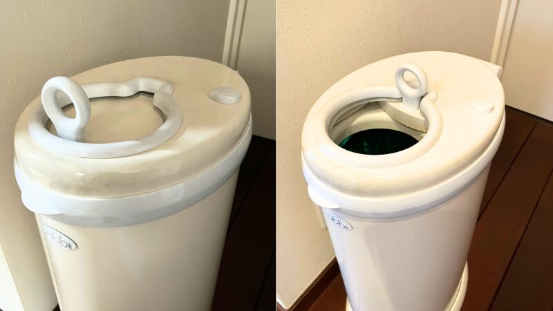 Ubbiおむつ用ゴミ箱のふたを閉じた状態と開けた状態の比較写真