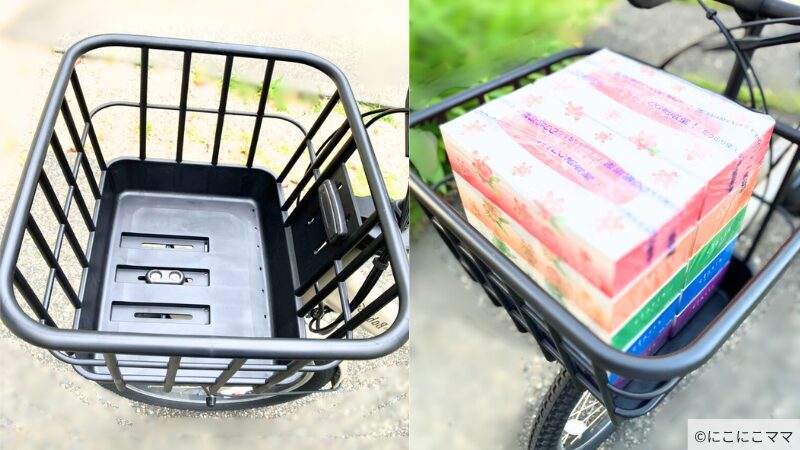 ヤマハ パスバビーアンスーパーの前カゴの容量比較。空の状態とティッシュ10箱を入れた状態の並び写真。