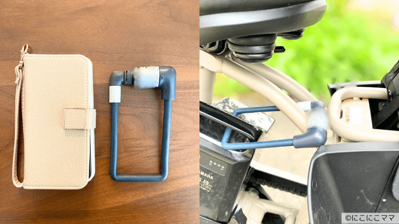 バッテリーロックをスマートフォンと並べたサイズ比較写真と、自転車に装着した状態の写真を並べた画像。