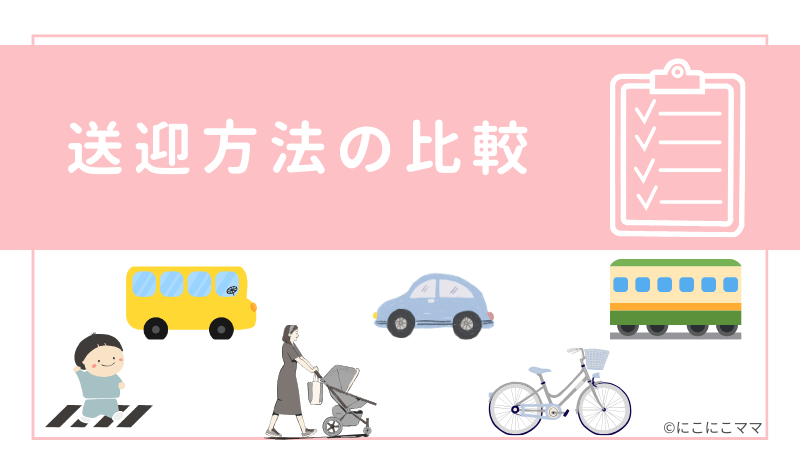 保育園の送迎方法を比較する見出し画像。ベビーカー、自転車、徒歩、車、バス、電車のイラスト付き。