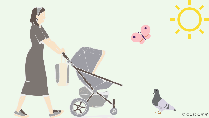 ベビーカーを押す女性と太陽、鳩、ちょうちょのイラスト。