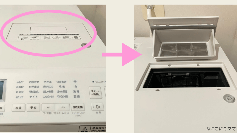 ドラム式洗濯機の乾燥フィルター部分の画像。右側はフィルターを開けた状態の写真。